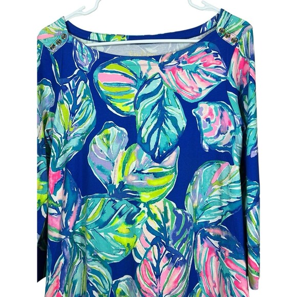 Lilly Pulitzer Blue Leaf Print Knit Dress Size M 3/4 Sleeve Button Tropical - Picture 2 of 12